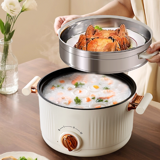 Wholesale Multi-function Electric Cooking Pot 304 Stainless Steel 2.5L 750W with Steamer for Household & Hotel