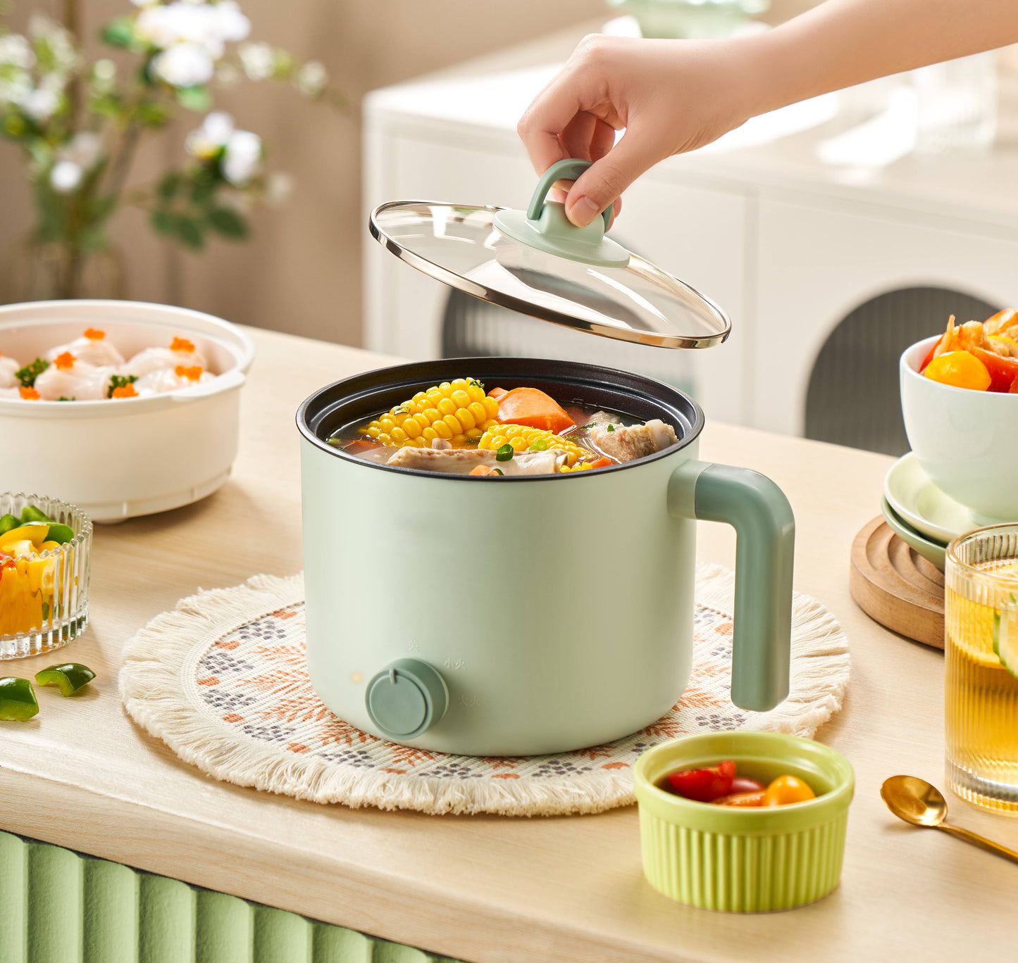 Hot Pot Electric with Steamer Upgraded, Non-Stick Sauté Pan, Rapid Noodles Electric Pot, Portable Multi-Function Travel Cooker