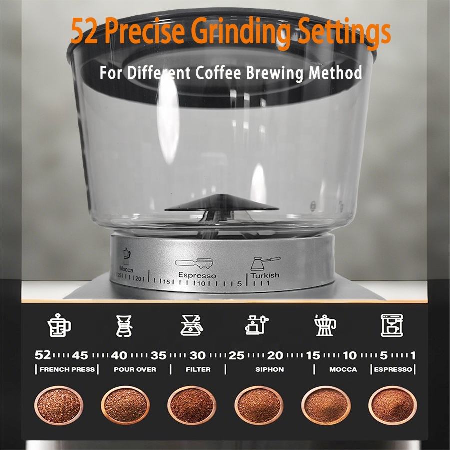 Wholesale Automatic Stainless Steel Conical Burr Coffee Bean Mill Electric Grinder 52 Grind Settings LED Display for Household